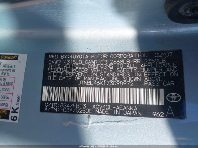 Продаж на аукціоні авто 2007 Toyota Camry Le, vin: JTNBE46K173098972, номер лоту: 46311926