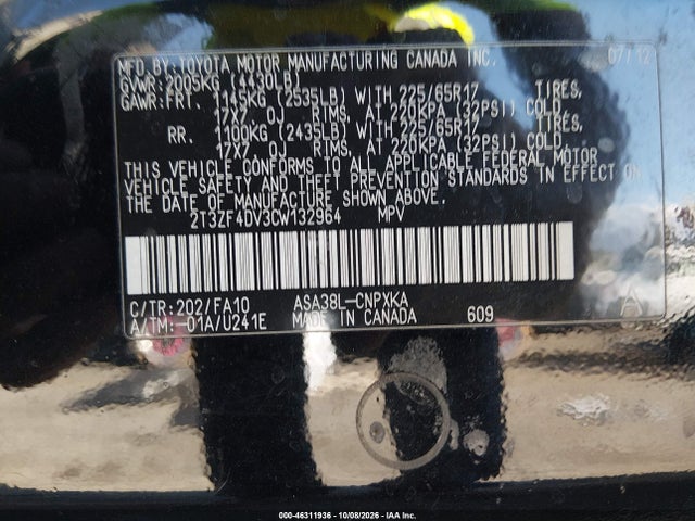 Aukcja sprzedaży 2012 Toyota Rav4, vin: 2T3ZF4DV3CW132964, numer aukcji: 46311936
