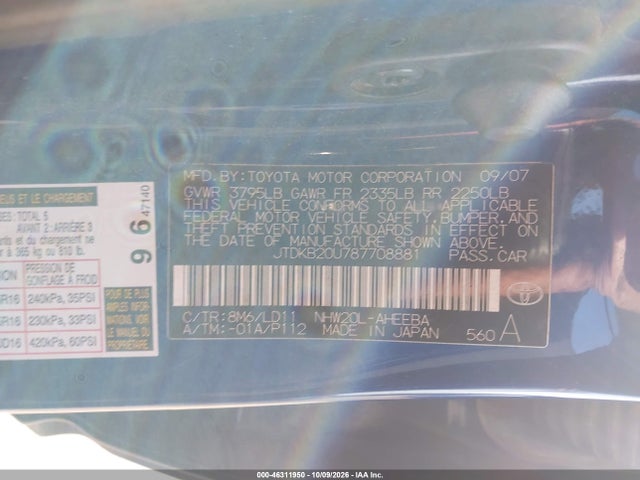46311950 :رقم المزاد ، JTDKB20U787708881 vin ، 2008 Toyota Prius Touring مزاد بيع