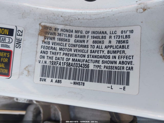 46311978 :رقم المزاد ، 19XFA1F58AE034356 vin ، 2010 Honda Civic Lx مزاد بيع