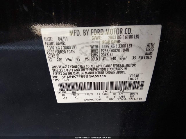 2011 Ford Explorer Limited მანქანა იყიდება აუქციონზე, vin: 1FMHK7F89BGA59119, აუქციონის ნომერი: 46311992