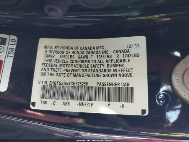 Aukcja sprzedaży 2012 Honda Civic Lx, vin: 2HGFG3B5XCH525259, numer aukcji: 46311995