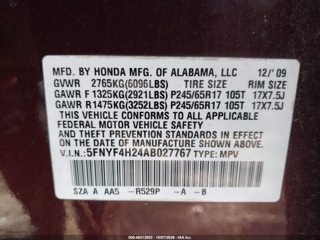 Aukcja sprzedaży 2010 Honda Pilot Lx, vin: 5FNYF4H24AB027767, numer aukcji: 46312002