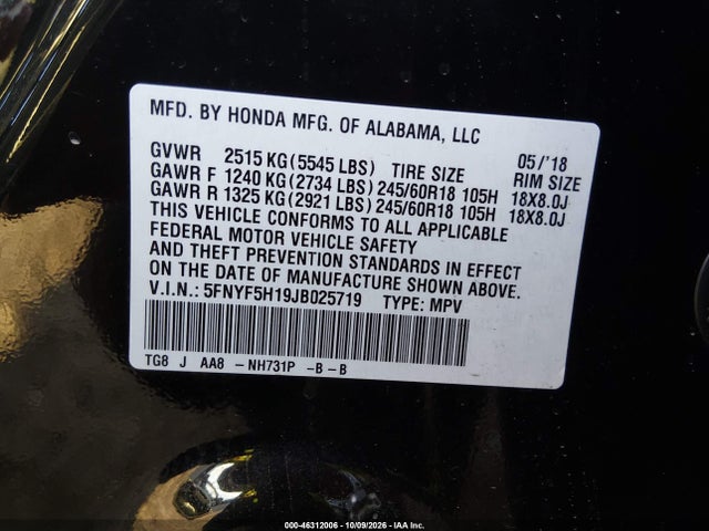 46312006 :رقم المزاد ، 5FNYF5H19JB025719 vin ، 2018 Honda Pilot Lx مزاد بيع
