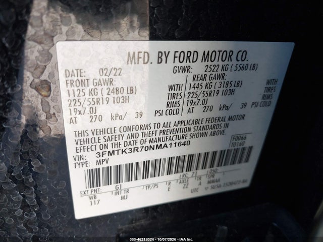 2022 Ford Mustang Mach-e Premium მანქანა იყიდება აუქციონზე, vin: 3FMTK3R70NMA11640, აუქციონის ნომერი: 46312024