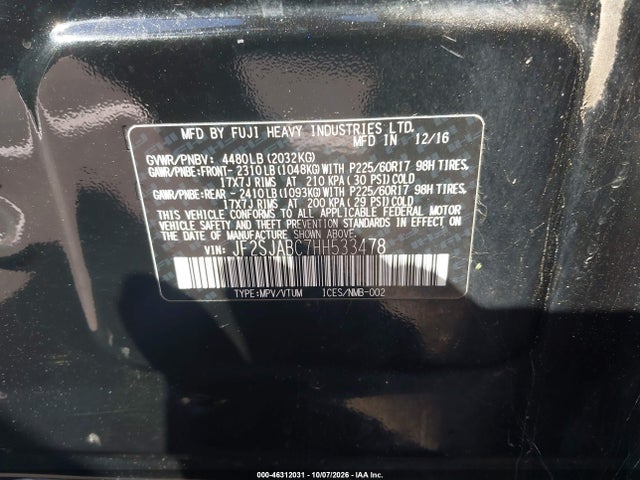 46312031 :رقم المزاد ، JF2SJABC7HH533478 vin ، 2017 Subaru Forester 2.5i مزاد بيع