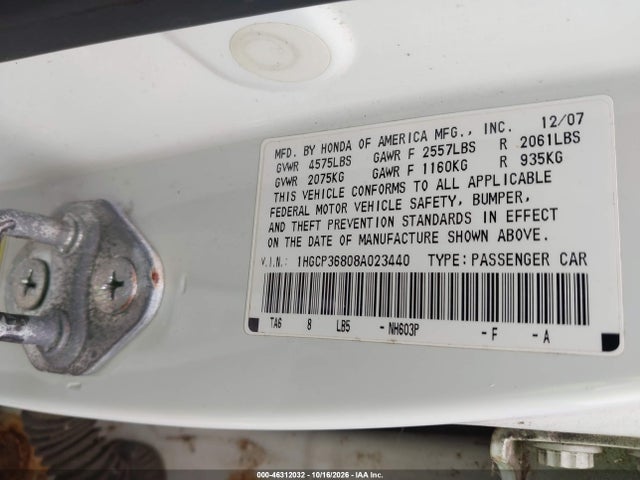 46312032 :رقم المزاد ، 1HGCP36808A023440 vin ، 2008 Honda Accord 3.5 Ex-l مزاد بيع