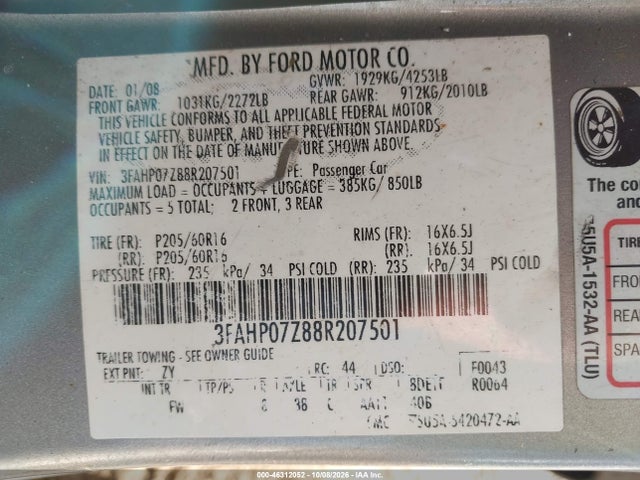 Продажа на аукционе авто 2008 Ford Fusion Se, vin: 3FAHP07Z88R207501, номер лота: 46312052