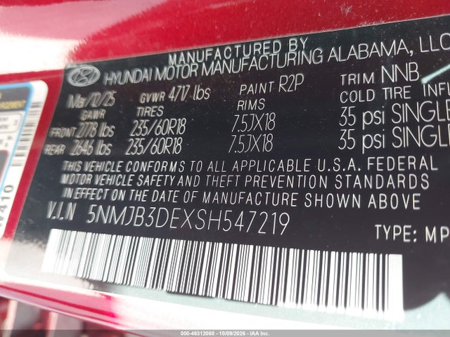5NMJB3DEXSH547219 Hyundai TUCSON SEL