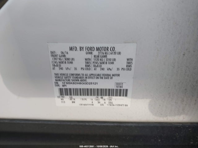Продаж на аукціоні авто 2016 Ford Explorer Xlt, vin: 1FM5K8DH8GGD25121, номер лоту: 46312081