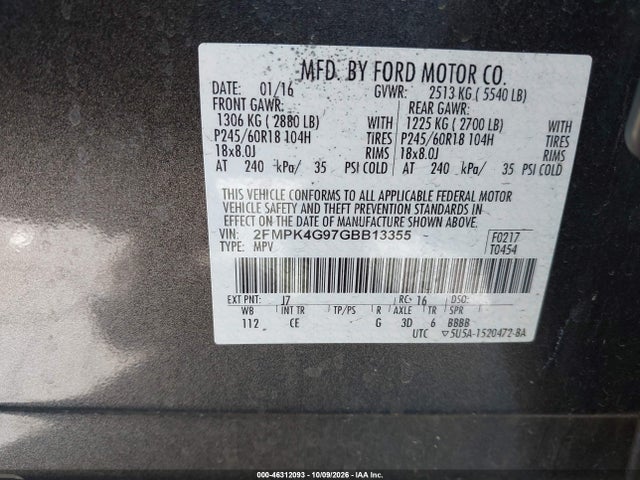 Продажа на аукционе авто 2016 Ford Edge Se, vin: 2FMPK4G97GBB13355, номер лота: 46312093