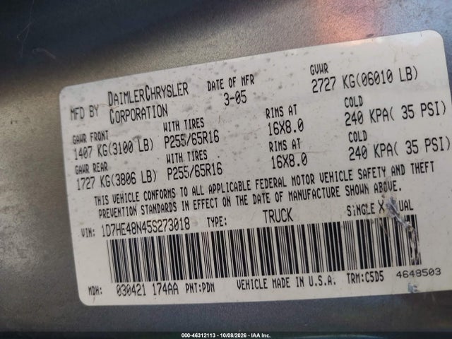 Продаж на аукціоні авто 2005 Dodge Dakota Slt, vin: 1D7HE48N45S273018, номер лоту: 46312113