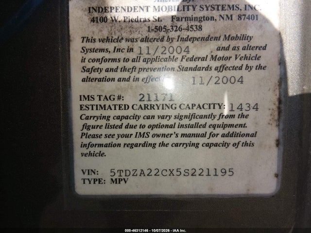 46312146 :رقم المزاد ، 5TDZA22CX5S221195 vin ، 2005 Toyota Sienna Xle مزاد بيع