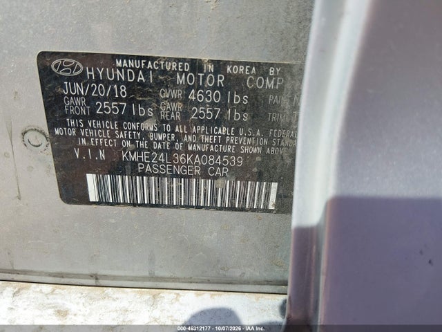 2019 Hyundai Sonata Hybrid Se მანქანა იყიდება აუქციონზე, vin: KMHE24L36KA084539, აუქციონის ნომერი: 46312177