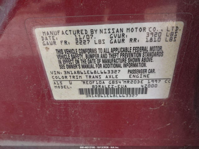 Продаж на аукціоні авто 2008 Nissan Sentra 2.0s, vin: 3N1AB61E68L663327, номер лоту: 46312180
