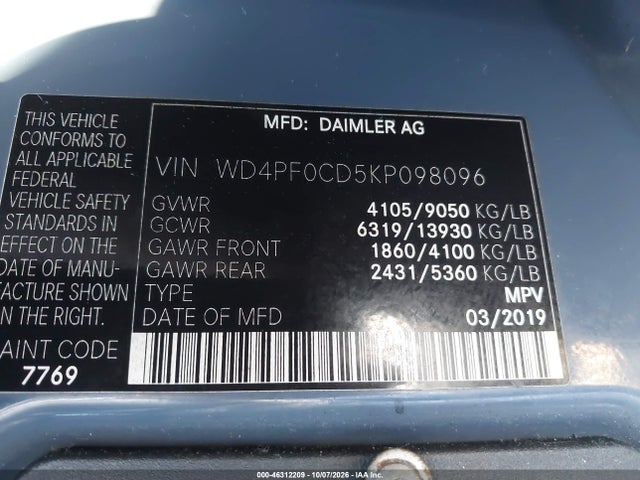 Продажа на аукционе авто 2019 Mercedes-benz Sprinter 2500 High Roof V6, vin: WD4PF0CD5KP098096, номер лота: 46312209