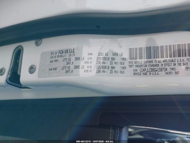 2016 Jeep Cherokee Altitude მანქანა იყიდება აუქციონზე, vin: 1C4PJLCB8GW158734, აუქციონის ნომერი: 46312219