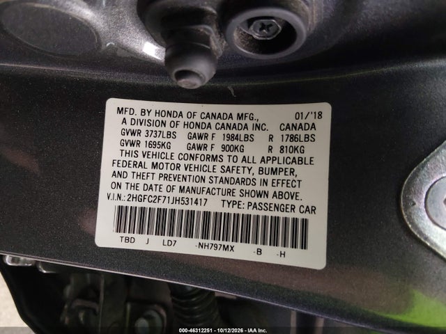 Продаж на аукціоні авто 2018 Honda Civic Ex, vin: 2HGFC2F71JH531417, номер лоту: 46312251