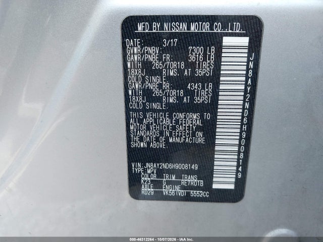 Aukcja sprzedaży 2017 Nissan Armada Sv, vin: JN8AY2ND6H9008149, numer aukcji: 46312264