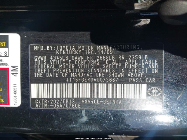 Aukcja sprzedaży 2010 Toyota Camry Le, vin: 4T1BF3EK0AU073667, numer aukcji: 46312265