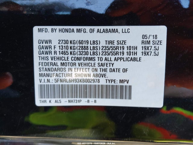 Aukcja sprzedaży 2019 Honda Odyssey Elite, vin: 5FNRL6H93KB002978, numer aukcji: 46312275