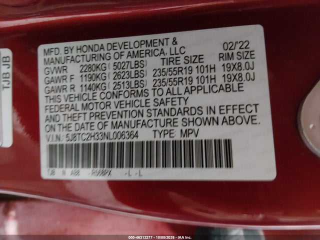 46312277 :رقم المزاد ، 5J8TC2H33NL006364 vin ، 2022 Acura Rdx Standard مزاد بيع