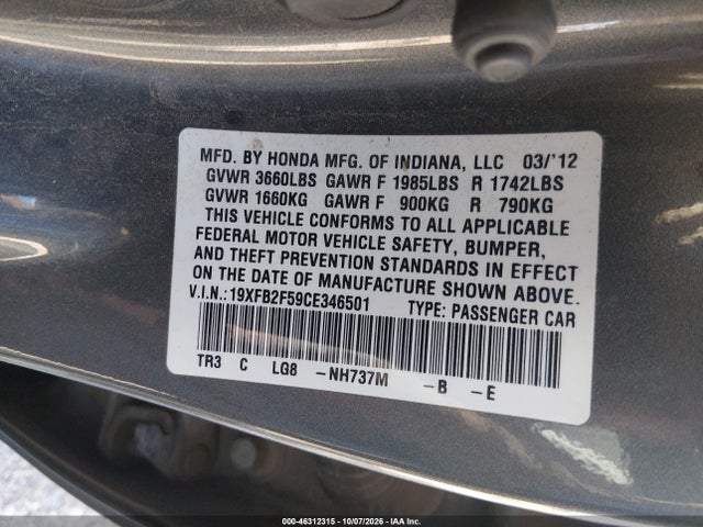 46312315 :رقم المزاد ، 19XFB2F59CE346501 vin ، 2012 Honda Civic Lx مزاد بيع