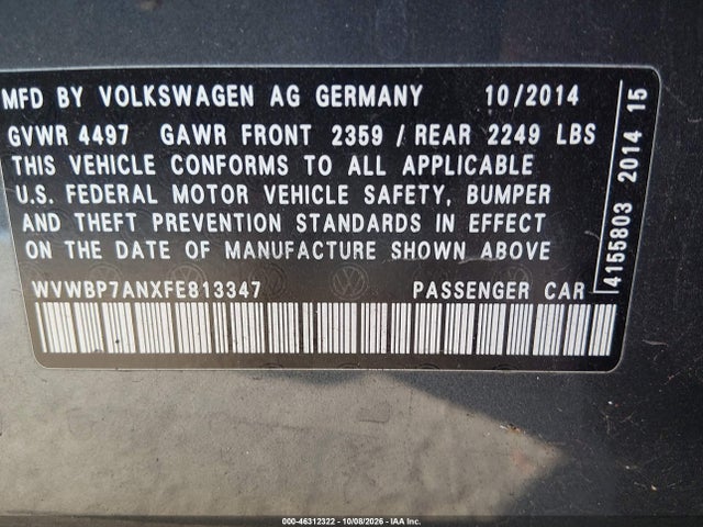 46312322 :رقم المزاد ، WVWBP7ANXFE813347 vin ، 2015 Volkswagen Cc 2.0t Sport مزاد بيع