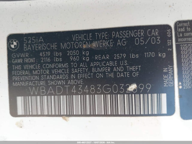 Aukcja sprzedaży 2003 Bmw 525ia, vin: WBADT43483G032699, numer aukcji: 46312327