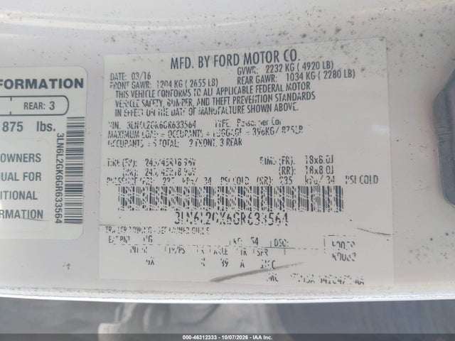Продажа на аукционе авто 2016 Lincoln Mkz, vin: 3LN6L2GK6GR633564, номер лота: 46312333