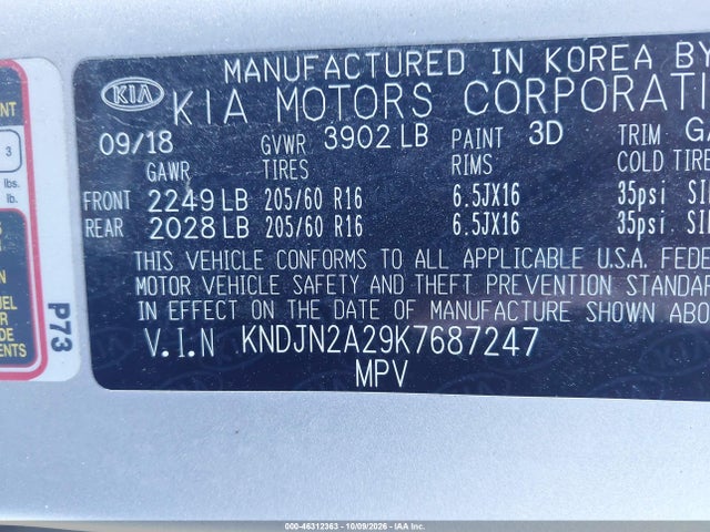 2019 Kia Soul მანქანა იყიდება აუქციონზე, vin: KNDJN2A29K7687247, აუქციონის ნომერი: 46312363