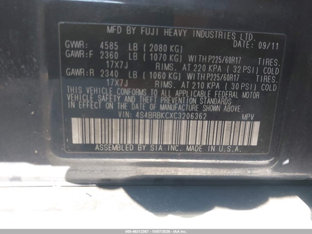 Продажа на аукционе авто 2012 Subaru Outback 2.5i Limited, vin: 4S4BRBKCXC3206362, номер лота: 46312367