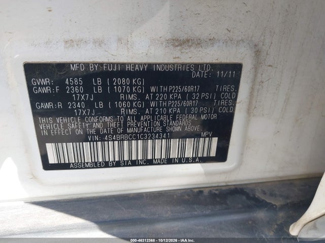 Aukcja sprzedaży 2012 Subaru Outback 2.5i Premium, vin: 4S4BRBCC1C3234341, numer aukcji: 46312368