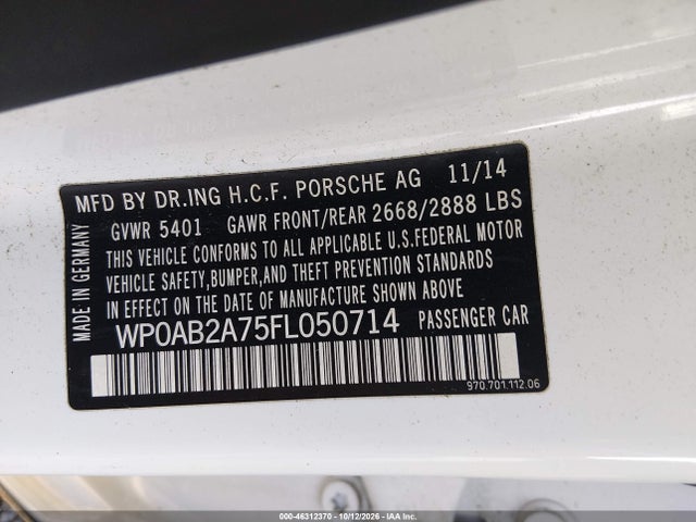 2015 Porsche Panamera 4s/s მანქანა იყიდება აუქციონზე, vin: WP0AB2A75FL050714, აუქციონის ნომერი: 46312370