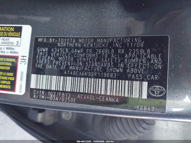 Aukcja sprzedaży 2009 Toyota Camry Le, vin: 4T4BE46K99R119683, numer aukcji: 46312389