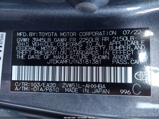Aukcja sprzedaży 2022 Toyota Prius Xle, vin: JTDKAMFU1N3181381, numer aukcji: 46312401
