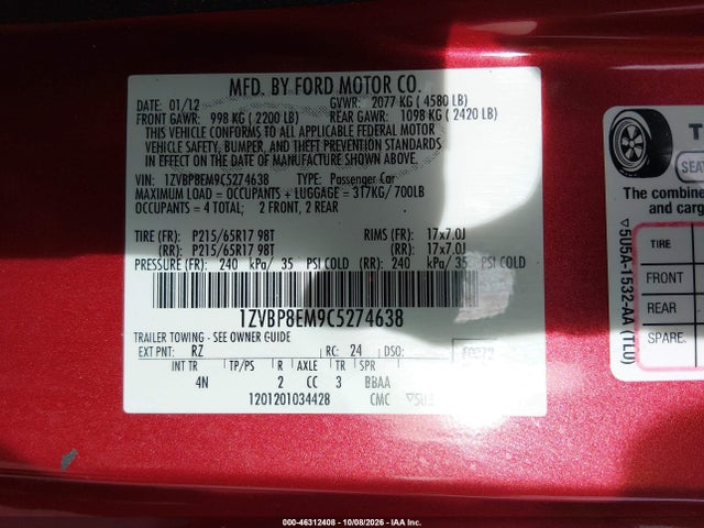 Aukcja sprzedaży 2012 Ford Mustang V6 Premium, vin: 1ZVBP8EM9C5274638, numer aukcji: 46312408