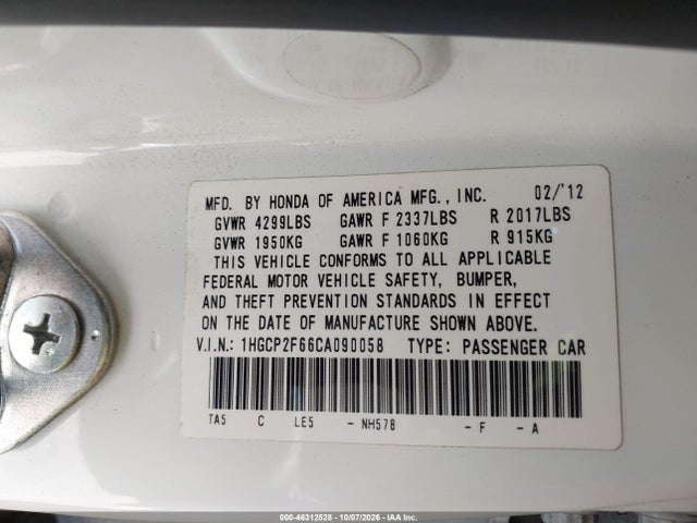 46312528 :رقم المزاد ، 1HGCP2F66CA090058 vin ، 2012 Honda Accord 2.4 Se مزاد بيع