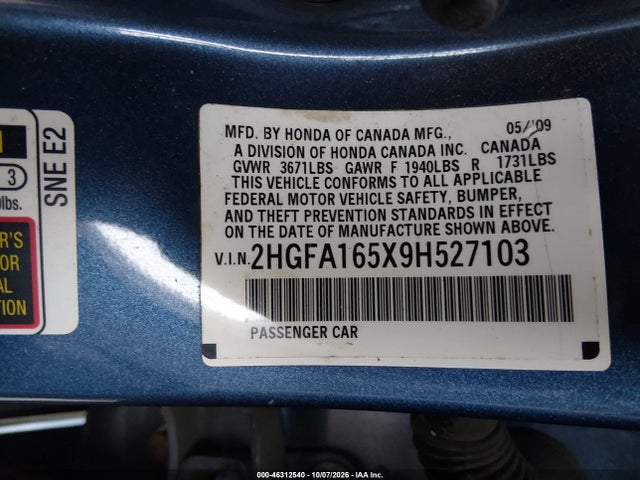 Продажа на аукционе авто 2009 Honda Civic Lx, vin: 2HGFA165X9H527103, номер лота: 46312540