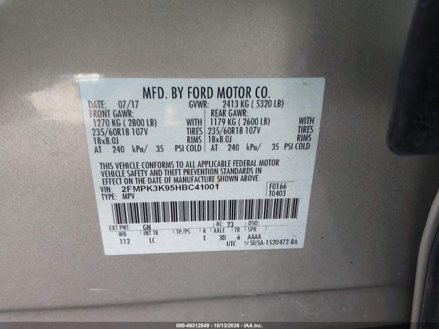 Aukcja sprzedaży 2017 Ford Edge Titanium, vin: 2FMPK3K95HBC41001, numer aukcji: 46312549