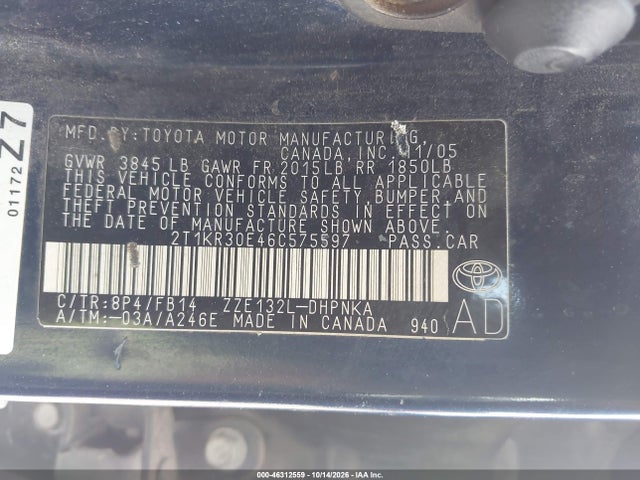 46312559 :رقم المزاد ، 2T1KR30E46C575597 vin ، 2006 Toyota Matrix Xr مزاد بيع