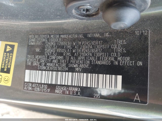 Aukcja sprzedaży 2013 Toyota Highlander Se V6, vin: 5TDBK3EH7DS185394, numer aukcji: 46312575