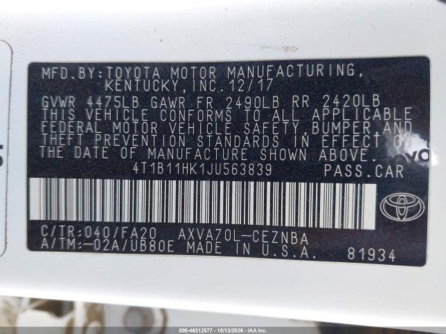 4T1B11HK1JU563839 Toyota CAMRY LE