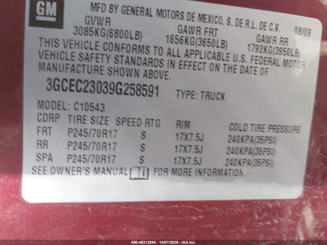 Продаж на аукціоні авто 2009 Chevrolet Silverado 1500 Lt, vin: 3GCEC23039G258591, номер лоту: 46312580