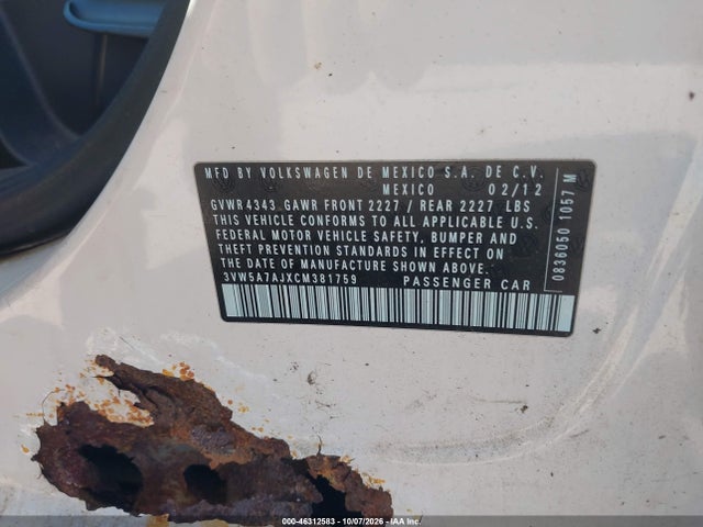 46312583 :رقم المزاد ، 3VW5A7AJXCM381759 vin ، 2012 Volkswagen Jetta Gli Autobahn مزاد بيع