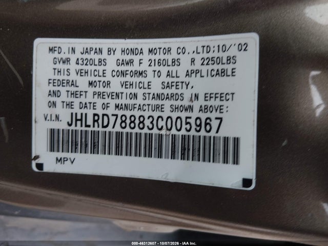 Aukcja sprzedaży 2003 Honda Cr-v Ex, vin: JHLRD78883C005967, numer aukcji: 46312607