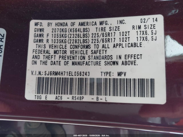 Продаж на аукціоні авто 2014 Honda Cr-v Ex-l, vin: 5J6RM4H71EL056243, номер лоту: 46312630