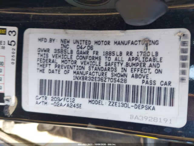 Aukcja sprzedaży 2006 Toyota Corolla S, vin: 1NXBR32E36Z705428, numer aukcji: 46312633