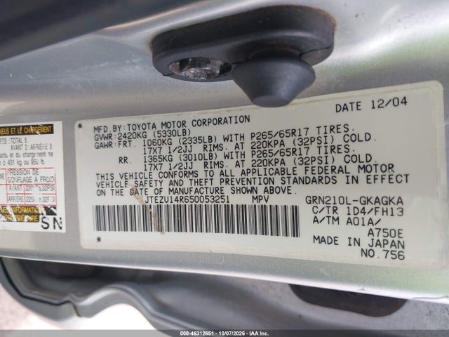 2005 Toyota 4runner Sr5 Sport V6/sr5 V6 მანქანა იყიდება აუქციონზე, vin: JTEZU14R650053251, აუქციონის ნომერი: 46312651