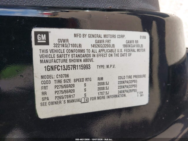 Aukcja sprzedaży 2007 Chevrolet Tahoe Lt, vin: 1GNFC13J57R115993, numer aukcji: 46312656